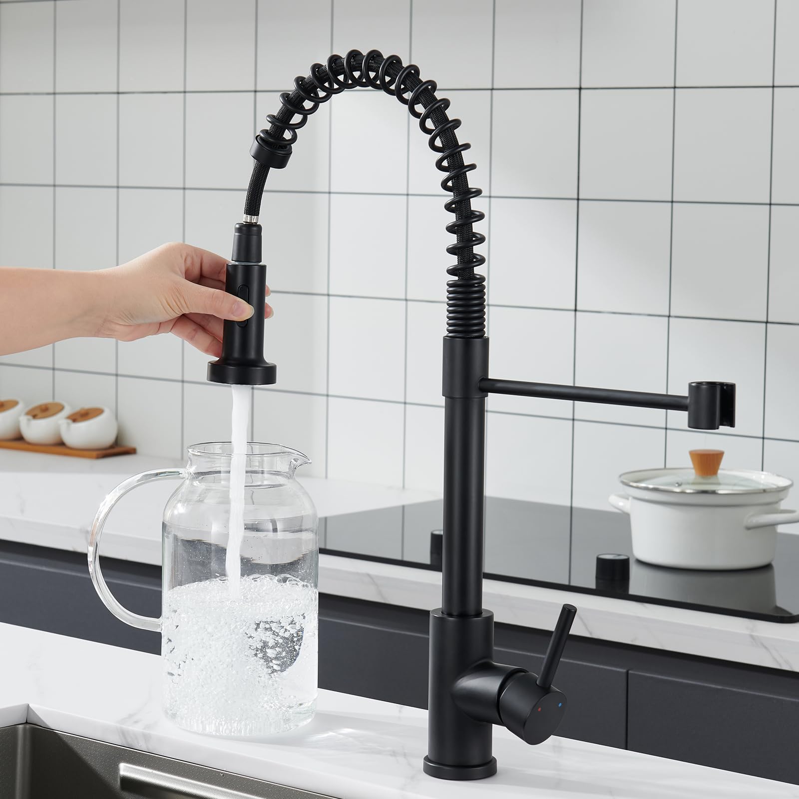 Küchenarmatur Ausziehbar ohne Wasserzulaufschlauch, Wasserhahn Küche Schwarz mit 2 Strahlarten Brause, Mischbatterie Küche Hochdruck, Edelstahl Armatur Küche 360° Schwenkbar Spültischarmatur