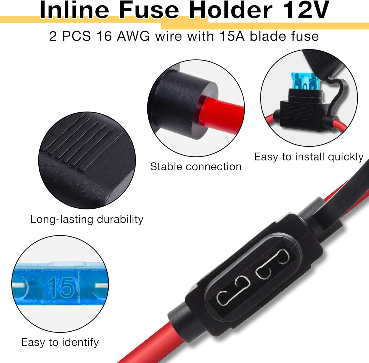 2 PCS Inline Fuse Holders 12V, 16 AWG Car Gauge Inline Fuses, Waterproof Fuse Holder with 15A ATC/ATO Standard Blade Fuses for Automotive, Marine, Golf Cart Lighting, Electrical Circuits
