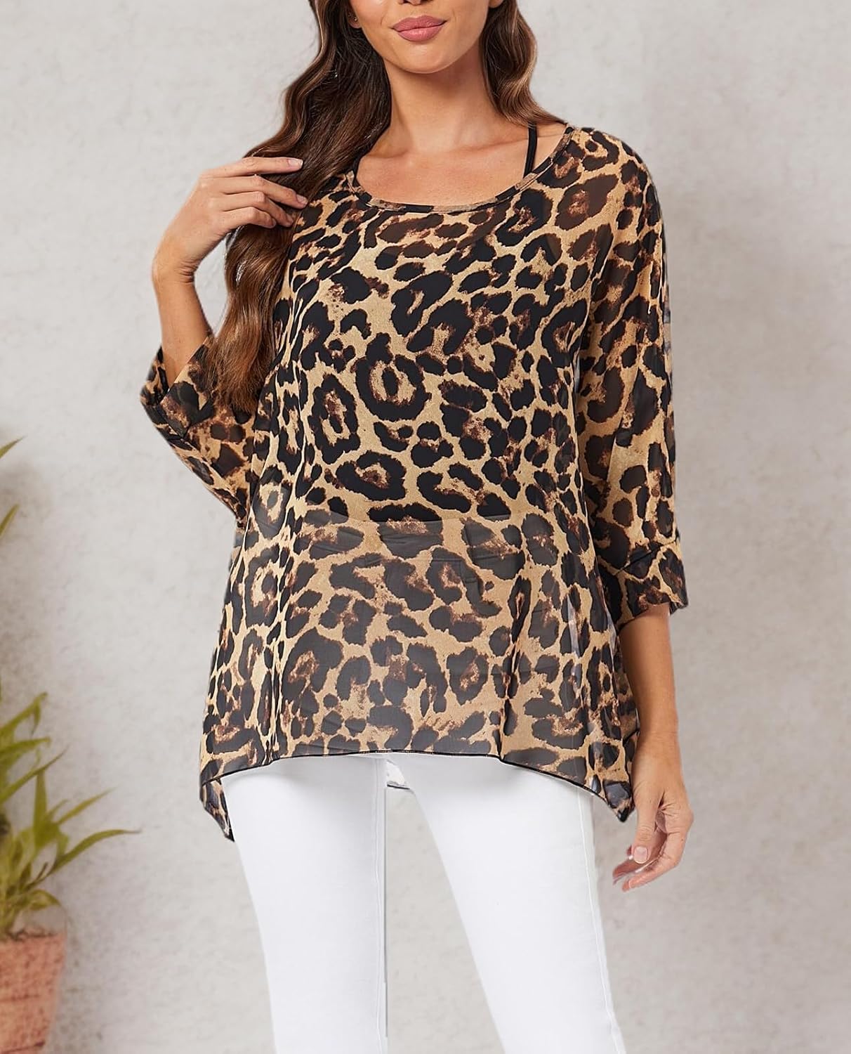 Nicetage Boho Top Sheer Dressy Blouse Chiffon Blouses for Women Sheer Poncho Flowy Batwing Tops Cruise Wear - Image 6