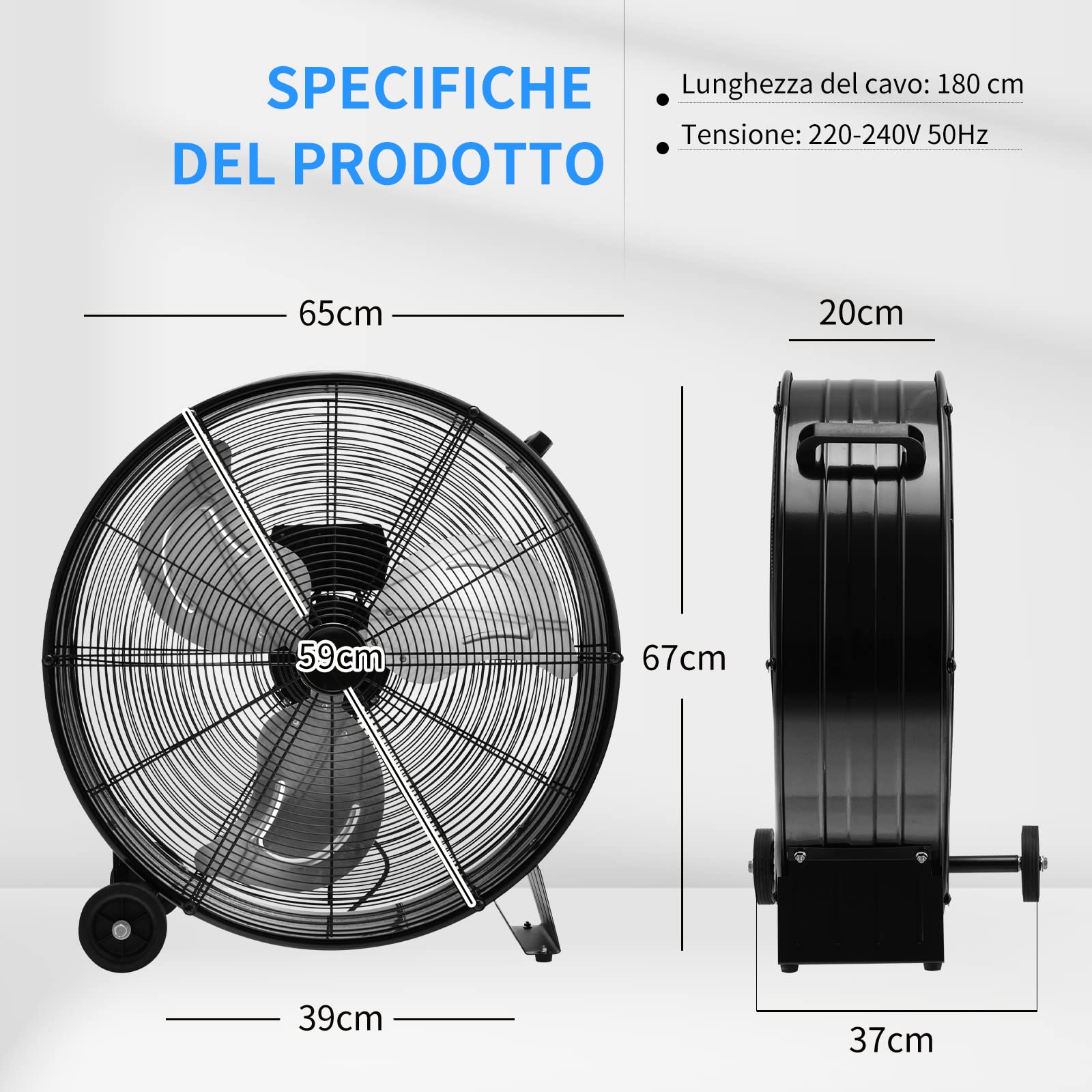 COSTWAY Ventilatore da Terra Industriale a 3 Velocità con Pale in Alluminio, Ventilatore a Piantana Potente ad Alta Velocità su Ruote in Gomma, 180W Max, 65x37x67 cm (Nero)