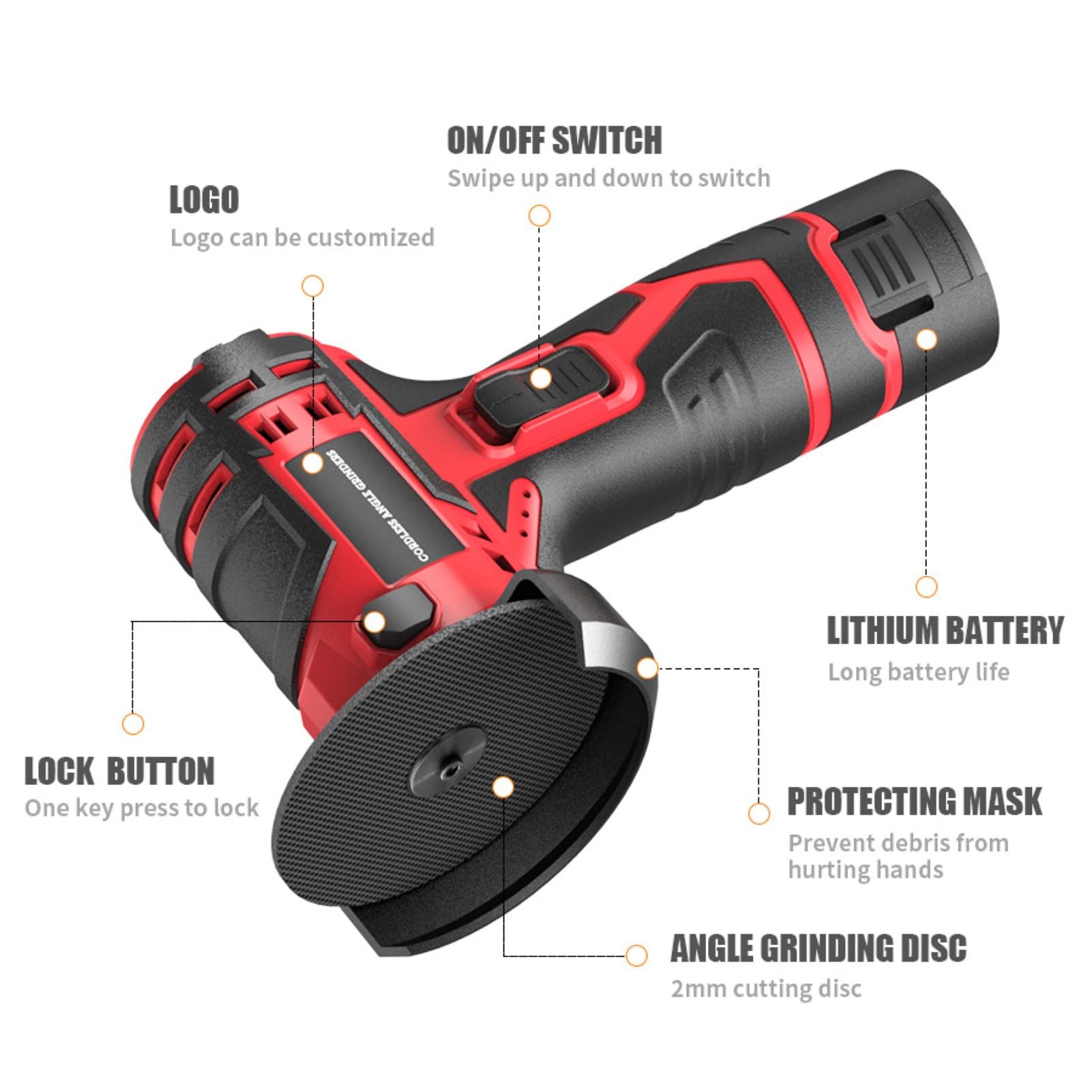 Mini amoladora angular | Kit inalámbrico de 12 V con 2 baterías de 2000 mAh y cargador | Amoladora compacta con discos de 76 mm para cortar, moler, pulir y afilar
