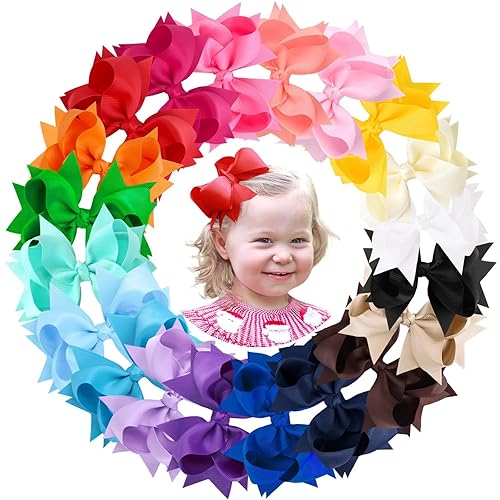 Miniatura 10 de Oaoleer - 20 lazos para el pelo de 4.5 pulgadas para niñas, lazos de cinta de grogrén en capas, pinzas de cocodrilo, accesorios para el cabello para