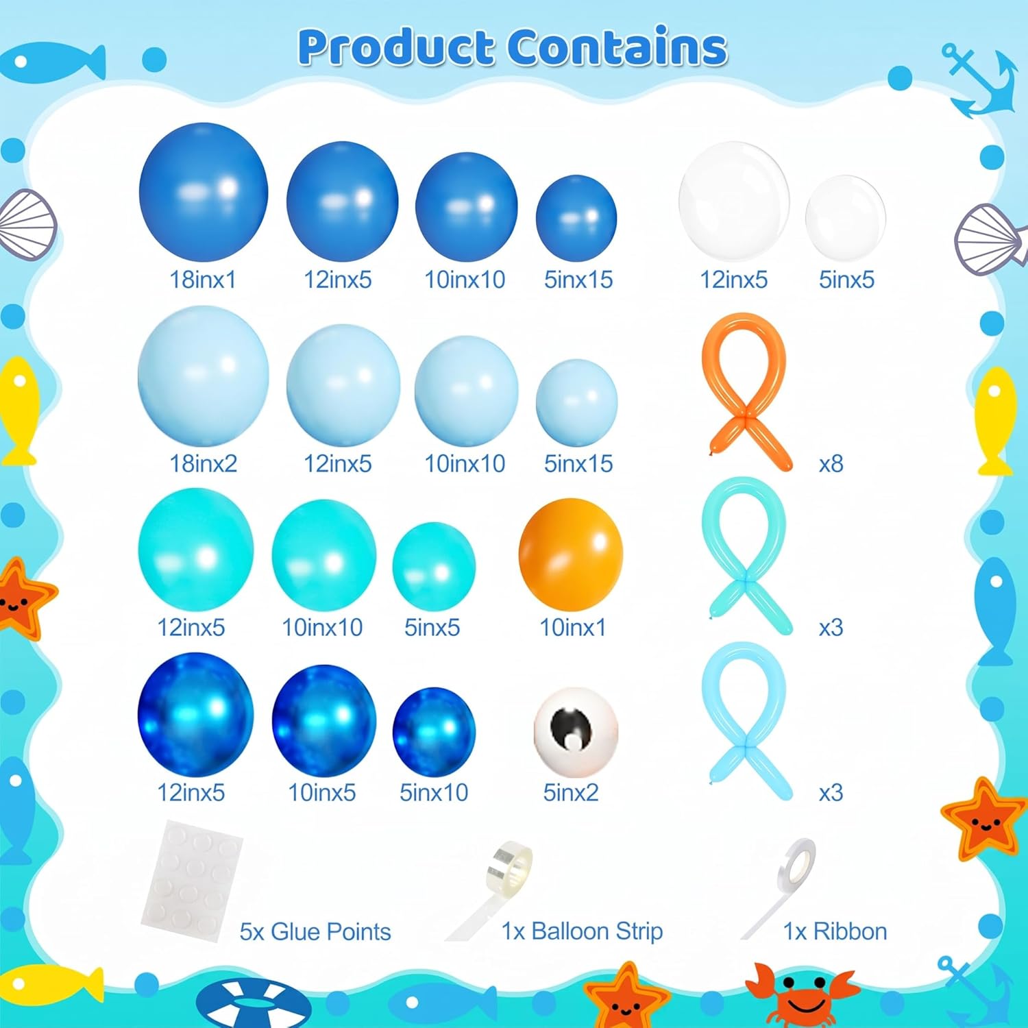 Under the Sea Balloon Arch Kit 130Pcs Dark Blue Metallic Blue Orange Long Balloons for Ocean Themed Under The Sea Baby Shower Birthday Party Decorations