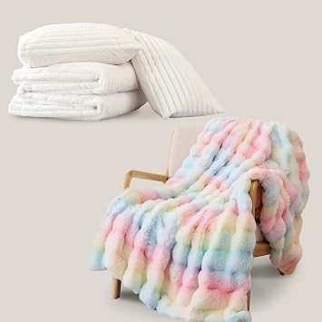 Smoofy Fluffy Queen Comforter Set 3 Pieces - Cream White Fleece Fluffy Comforter & Rainbow Throw Blanket Bubble Blanket - Faux Fur Throw Tlanket 50" x 60"