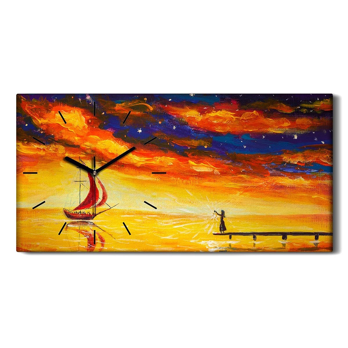 Horloge sur Toile de decoration sans bruit avec aiguilles mains noires 60x30
