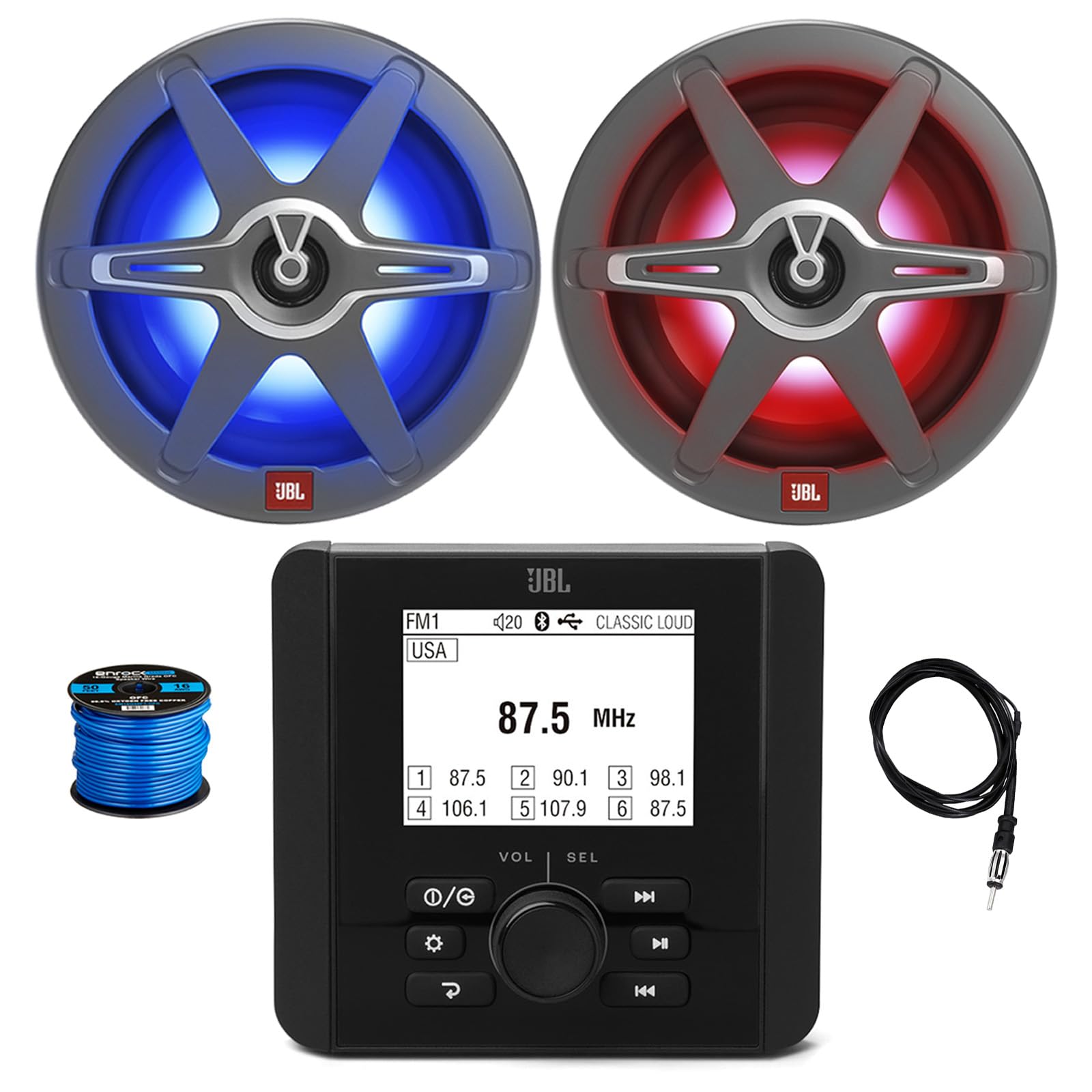 Marine Gauge Hole Mount Bluetooth AM/FM Radio Receiver, 2X 8 450 Watt 2-Way Multicolor LED Outdoor Audio Speakers, Radio Antenna, Wire