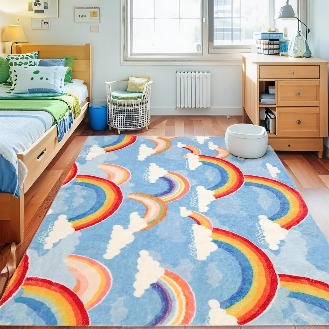 Regenbogen-Teppiche, niedlich, bunt, rutschfest, waschbar, Klassenzimmerteppich, weicher Kinderbereich für Schlafzimmer, Kinderzimmer, Wohnzimmer, Dekoration, Regenbogenwolke