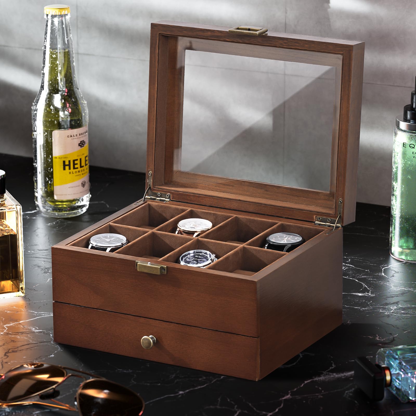 ProCase Caja de Relojes de Madera con 8 Compartimentos, Caja de Almacenaje para Relojes con Cajón, Caja de 2 Niveles para Relojes, Caja Regalo para Hombre y Mujer - 8 Ranuras,Madera