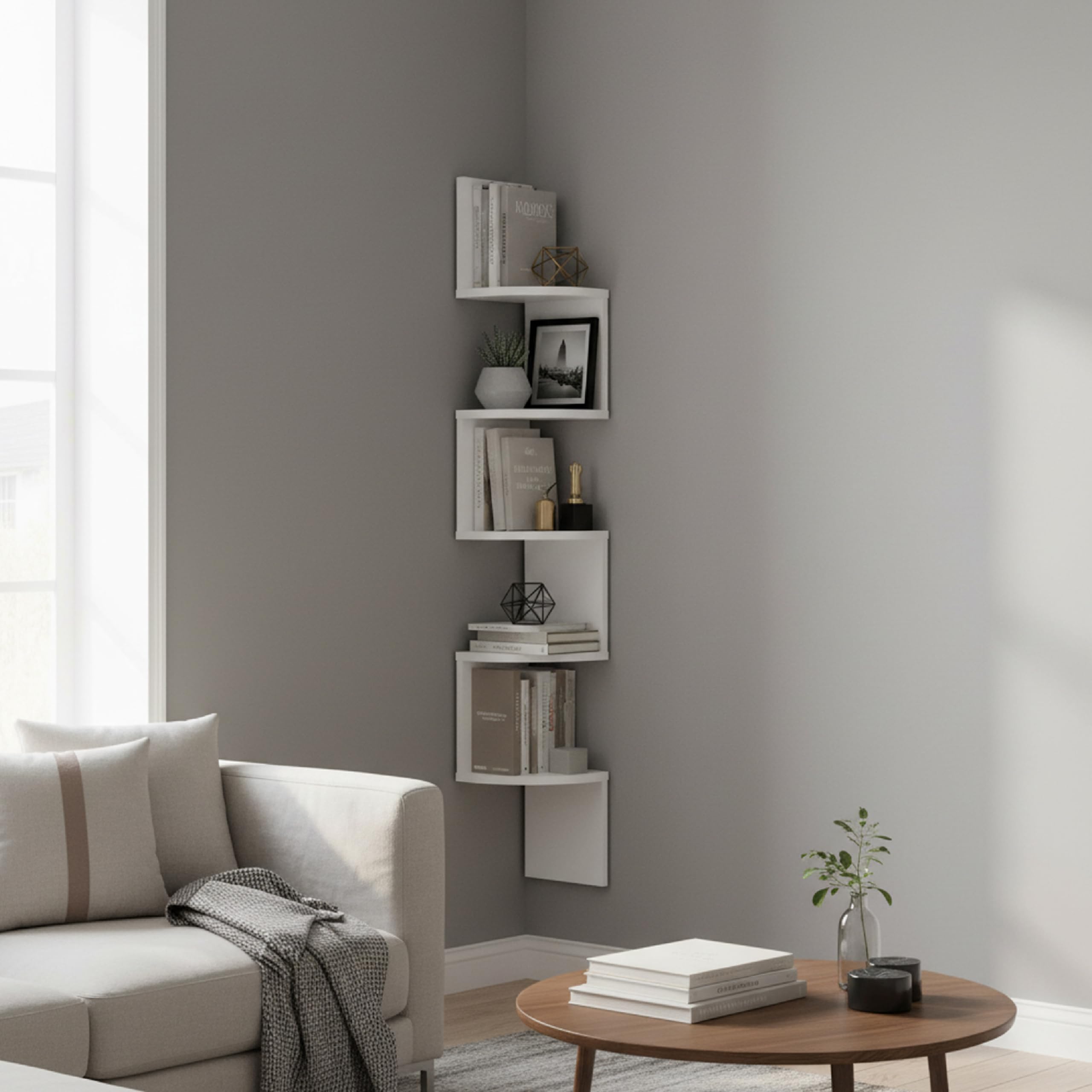 Baroni Home Libreria Angolare da Parete, Scaffale Salvaspazio con 5 Ripiani, in Plastic Wood, Libreria Bianca Design Moderno, Montaggio ad Incastro, 20x20x126 cm Bianco