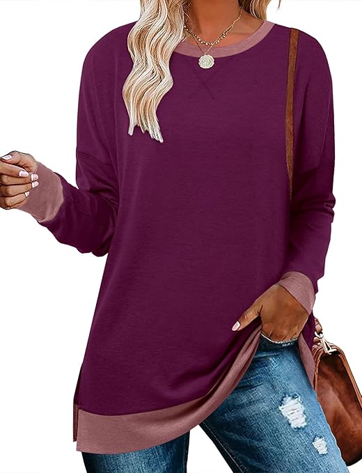 BETTE BOUTIK Women's Drop Long Sleeve Sweatshirts Casual Crewneck Tunic Tops Sweartshirts With Side Slits S-3XL