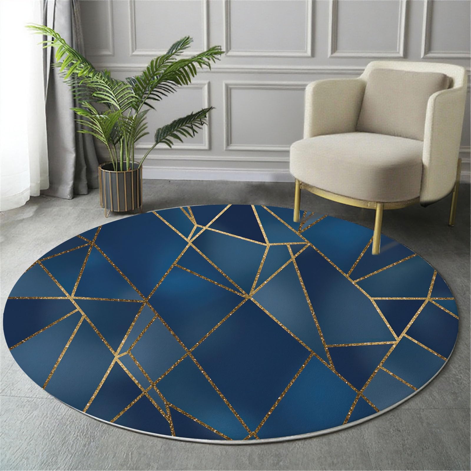 Tapis rond lavable en machine 60cm bleu géométrique sans perte de poils
