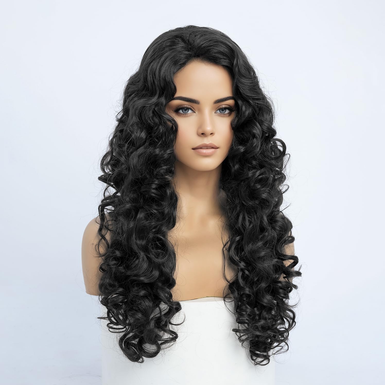 SIMKAYLEE Long Natural Black Curly Wig Wavy Styled Halloween 80s Wigs for Women Full Head Cosplay Costume Party Hairpiece Use (24 inches) - Image 4
