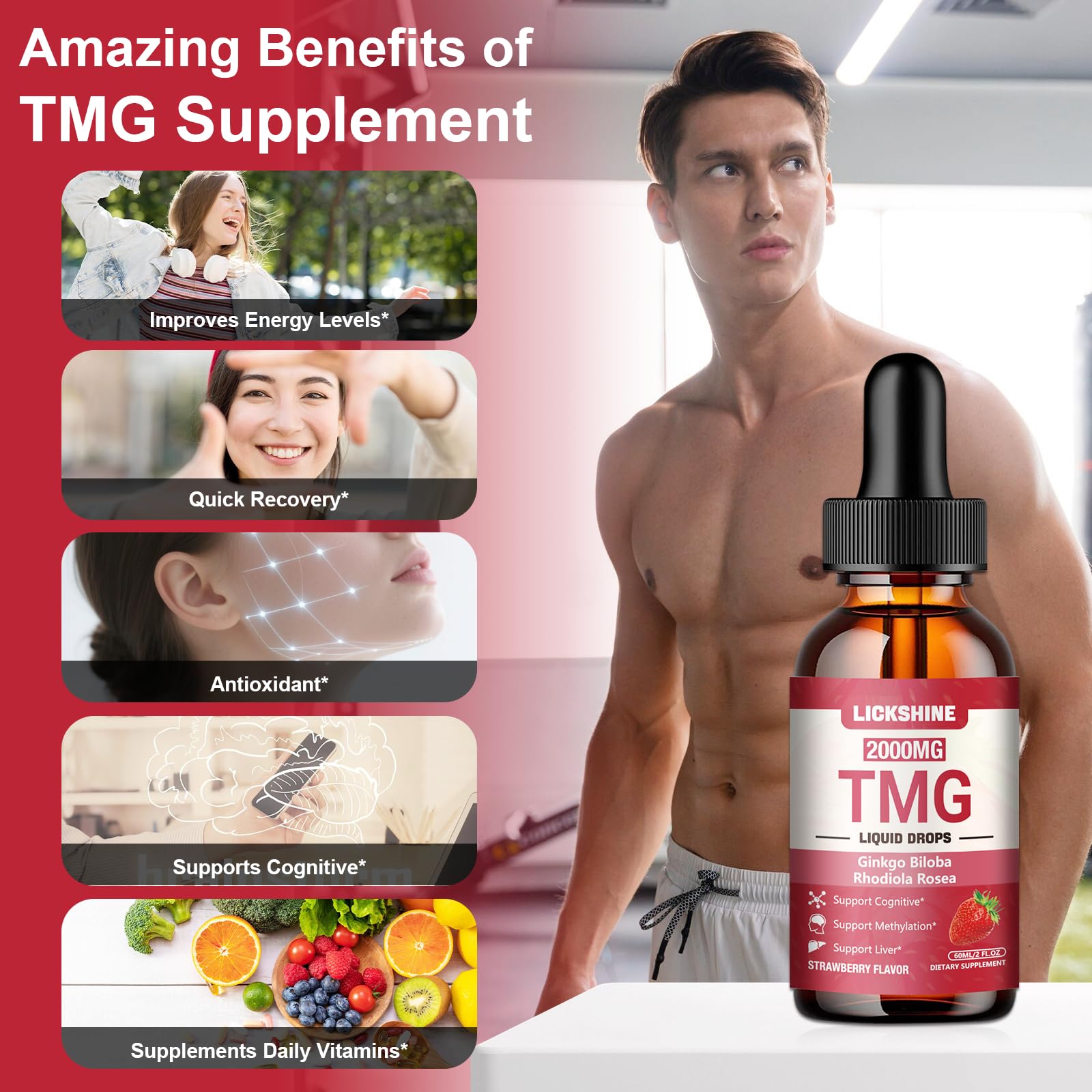 lickshine 2 Packs 2000MG TMG Supplements Liquid Drops - Trimethylglycine, Ginkgo Biloba, Rhodiola Rosea & Vitamins B, High Absorption, Brain Function - Strawberry Flavor 4 Fl.Oz — Amazon image 5