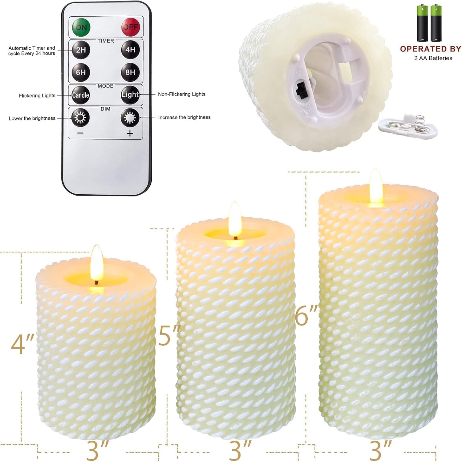 Crystal Club White Flameless Candles,Corded Pattern Carving Battery Operated Candles with Remote Control LED Pillar Candles for Wedding Holiday Home Tabe Décor