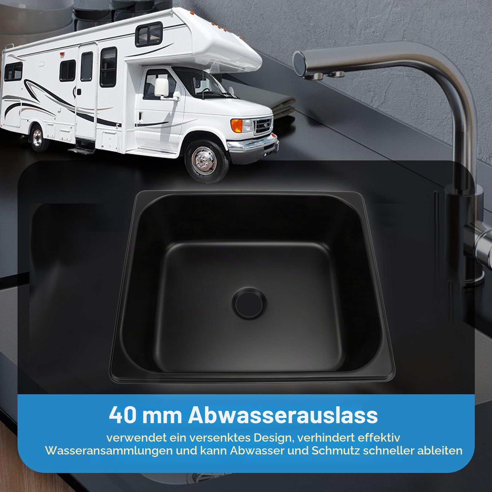 Edelstahl-Wohnmobil-Spüle, 320 X 260 X 100 Mm, Edelstahl-Wohnmobil-Küchenspüle, Küchen-Badezimmerwaschbecken mit 40-mm-Ablauf für Boot, Wohnwagen, Wohnmobil, Unterbau-Küchenspüle
