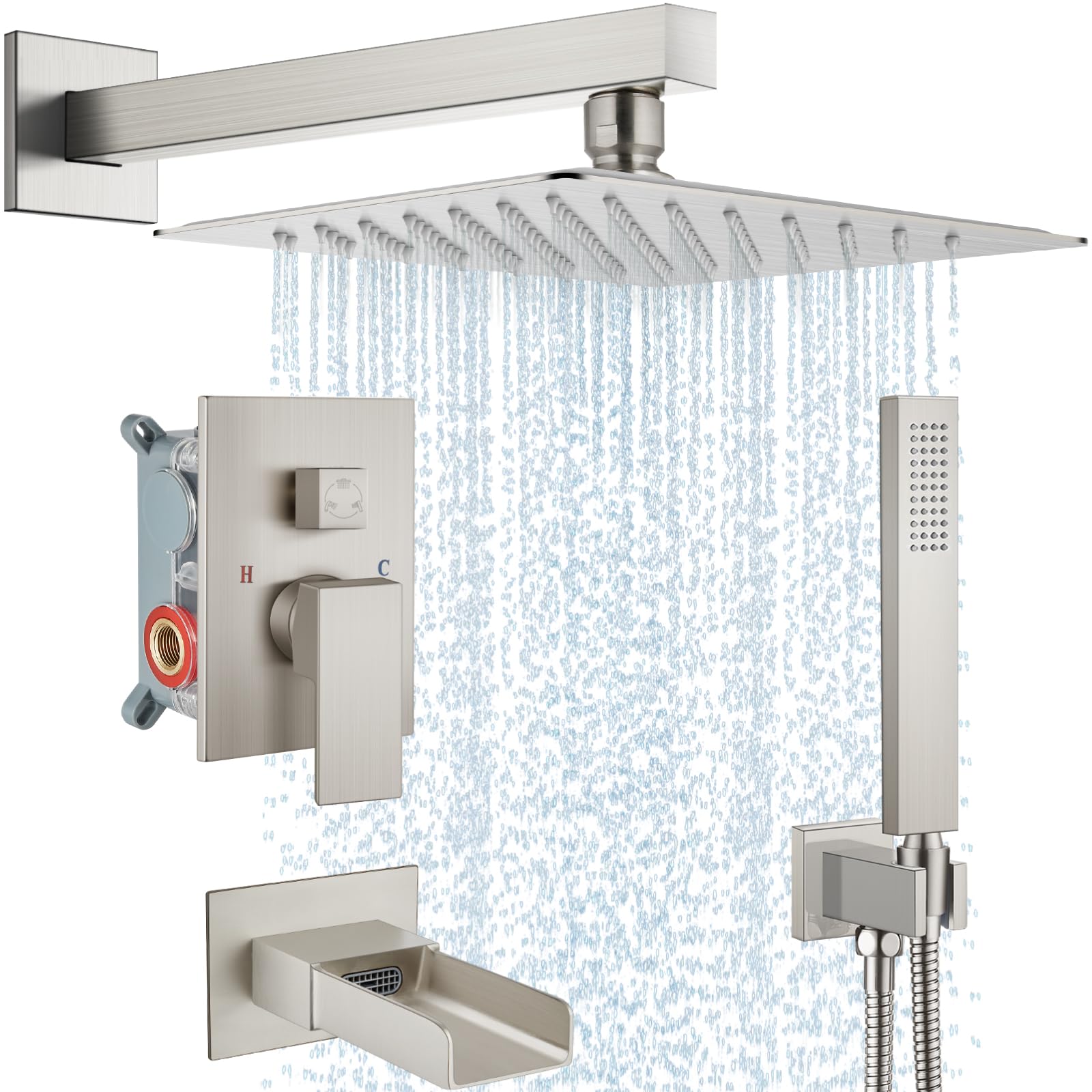 Hcfyauis Brushed Nickel Rain Shower System Tub Shower Faucet Set Square Rainfall Waterfall Shower Head With Handheld Sprayer Tub Spout Combo Wall Mounted Bathtub Faucet Set Rough-In Valve, 12 Inch