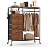 HOKEEPER All-in-One Rolling Coat Rack with 5 Drawers, Mobile Closet Organizer on Wheels, Clothes Rail & Open Shelves for Bedroom, Laundry Room - Wood Grain