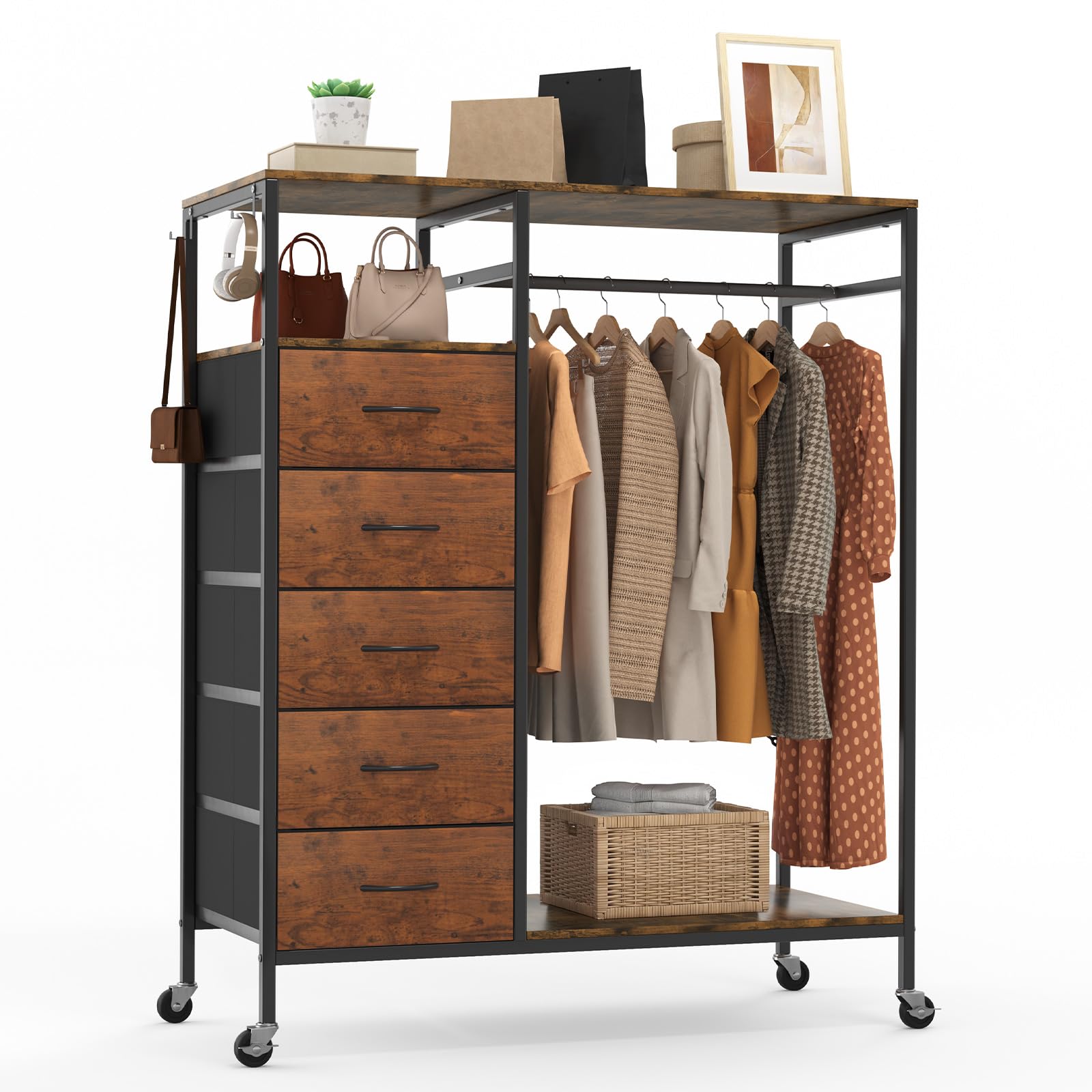 HOKEEPER Kleiderständer,Offener Kleiderschrank,Kleiderständer auf Rollen,Kleiderstange,Fahrbarer Kleiderständer mit Schubladen,Jackenständer,Clothes rack, Haken,Beige