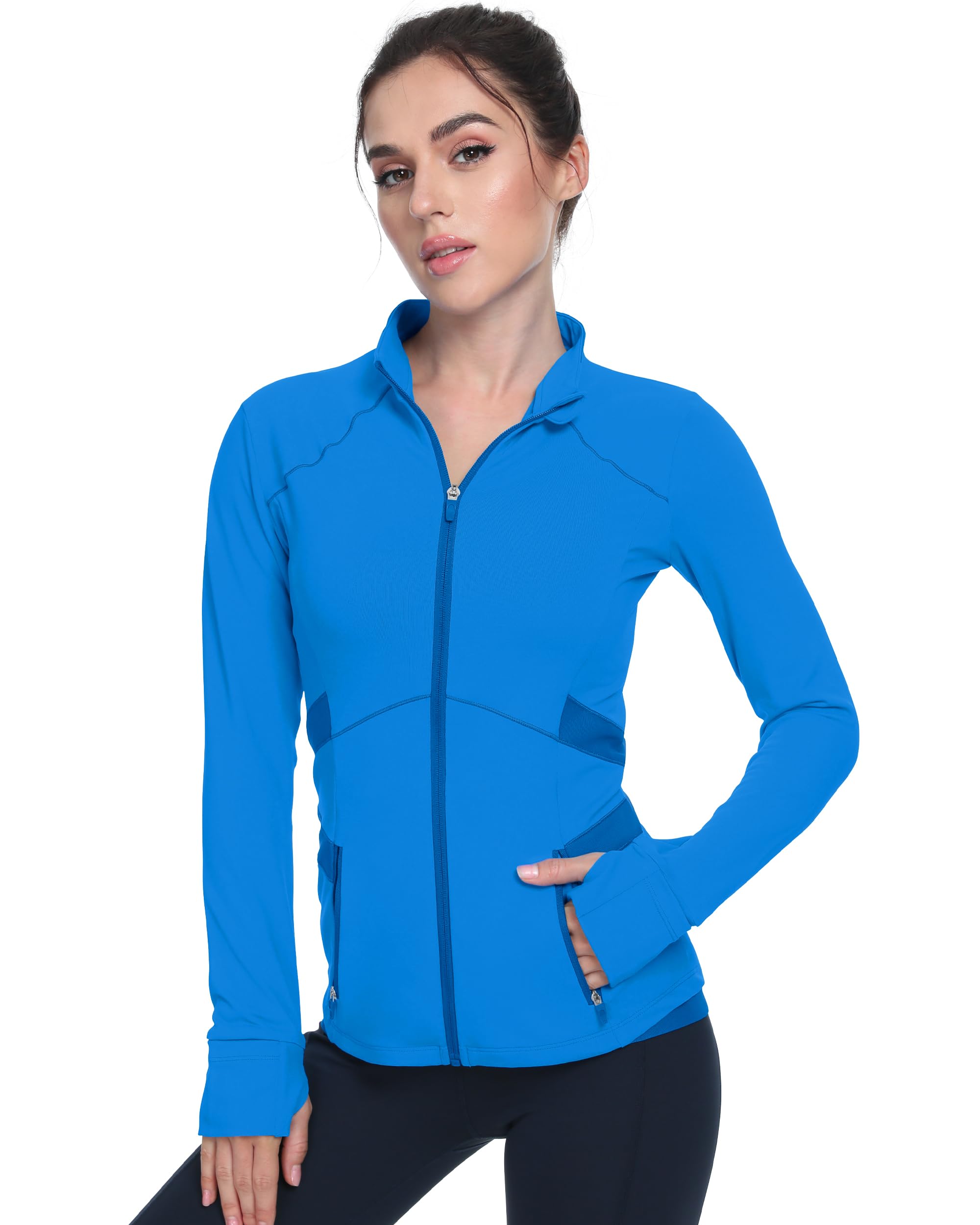 Women's Slim Fit Workout Jackets - Zip Up Athletic Running Jacket with Color-blocked Mesh & Thumb Holes
