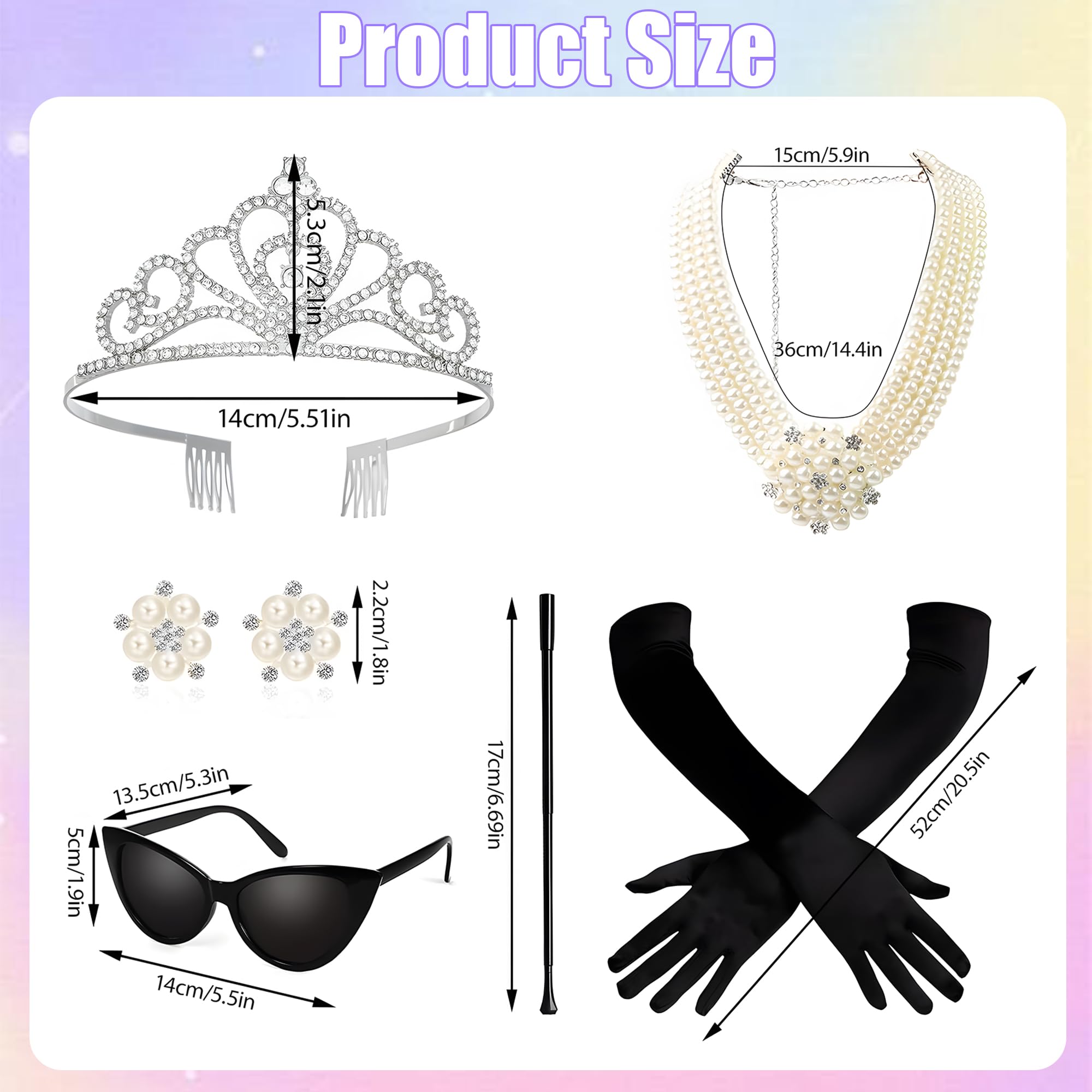 cadelon 6-Piece 1920s Retro Accessories Set for Women: Vintage Crown, Necklace, Earrings, Gloves, Sunglasses & Stand - Image 2