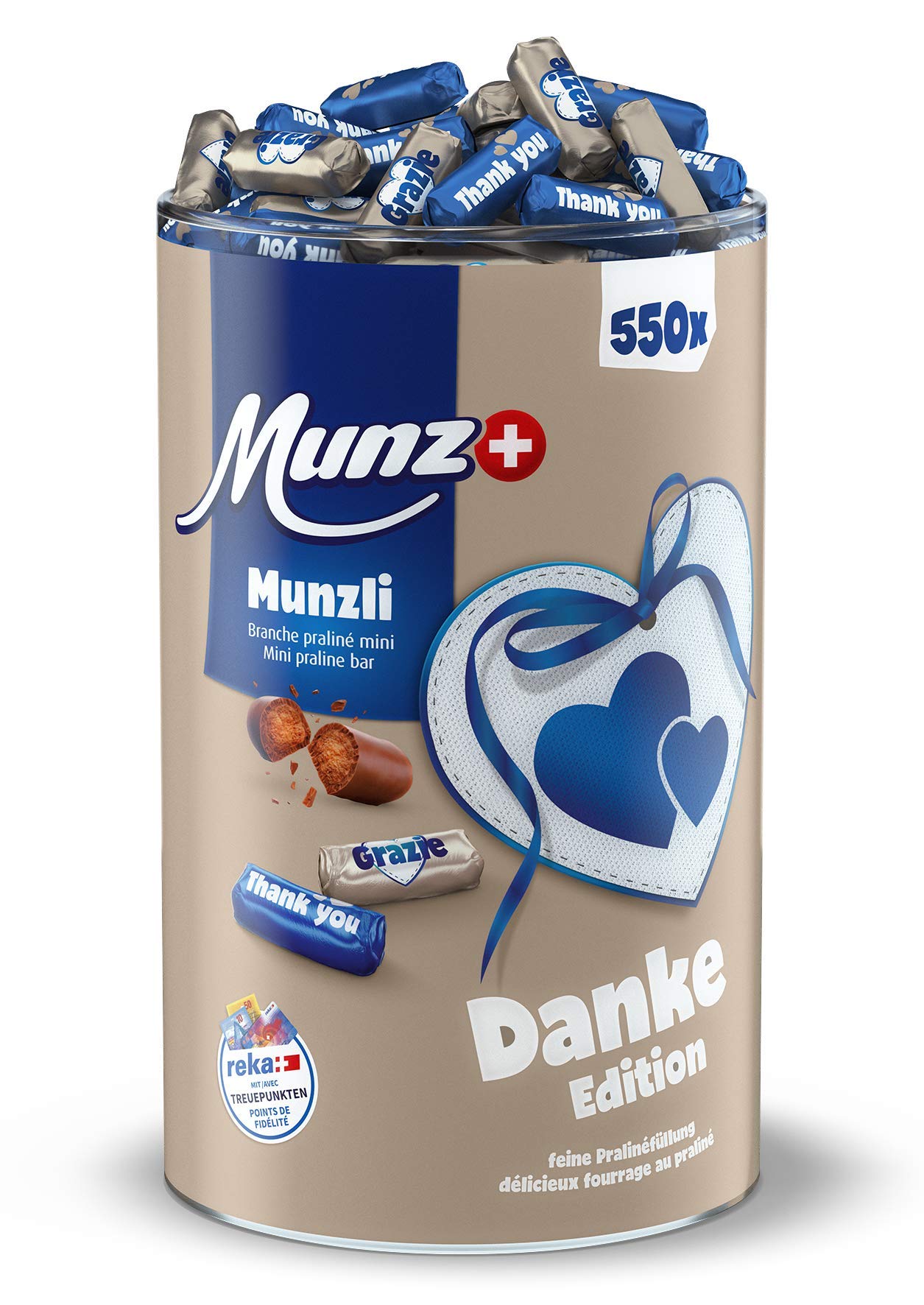 Munz Munzli Schweizer Mini Praliné | Danke-Edition | 500 Stück - 2,5 kg | Mini Schokoladenriegel als Mini-Praliné, Munz Schweizer Schokolade, ideal als kleines Dankeschön, für Genießer