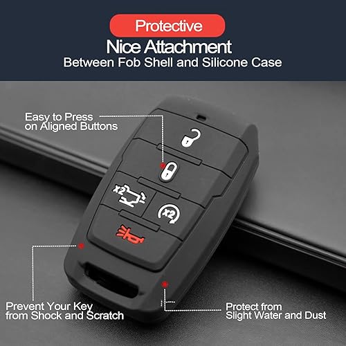 Miniatura 4 de 2 piezas compatibles con RAM 1500 5 botones con portón trasero, funda negra para llavero protector de llavero sin llave, ajuste remoto RAM 1500