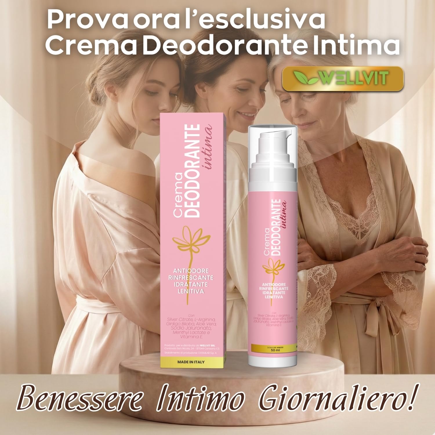 Deodorante Intimo Donna – Delicata Crema Intima Profumata Donna Anti-Odore per l’ Igiene Intima Quotidiana, Azione Fresca e Lenitiva con Aloe Vera, Menta, Arginina e Argento Citrato – 50 ml WELLVIT