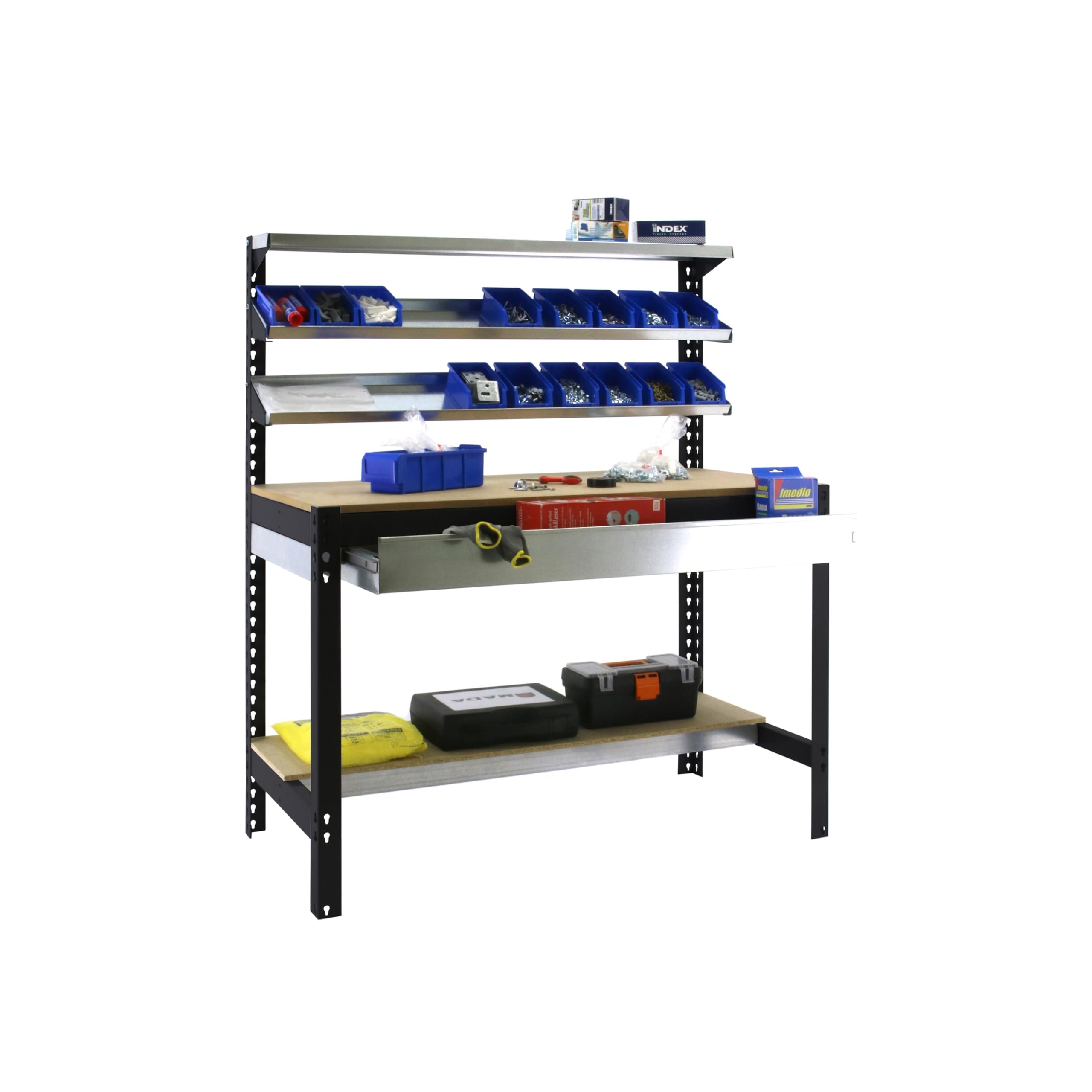 Simon Rack Banco de Trabajo con 3 repisas y cajón 1210x610 mm - BT1 | Capacidad Carga 600 kg, Pintura anticorrosión, Antracita , Montaje sistema clic