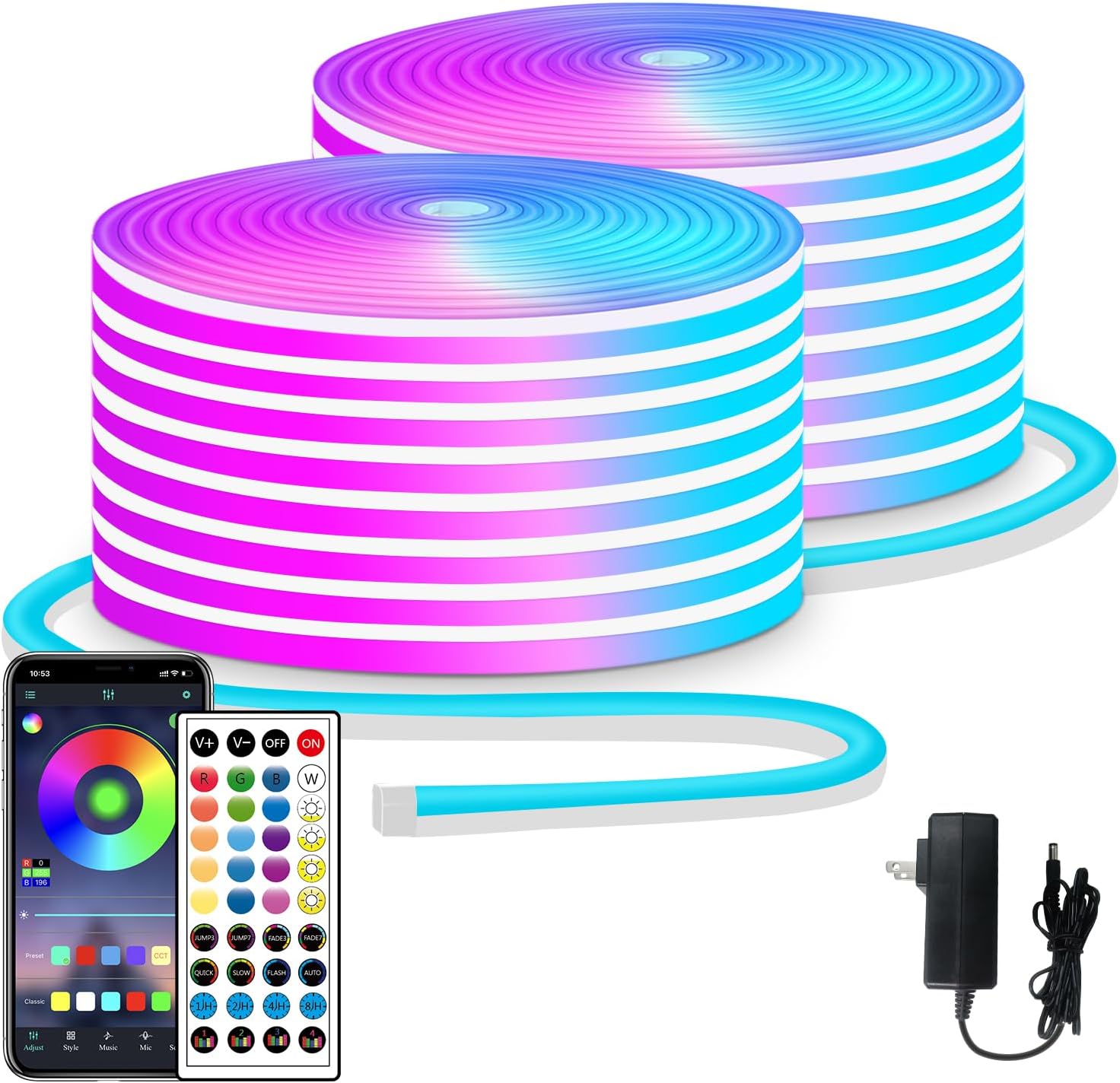 100ft LED neon Lights with Remote APP Control IP65 Waterproof Flexible Neon LED Strip Lights 24v RGB LED neon Rope Lights for Bedroom Room Outdoors Decor?2 Rolls of 50ft