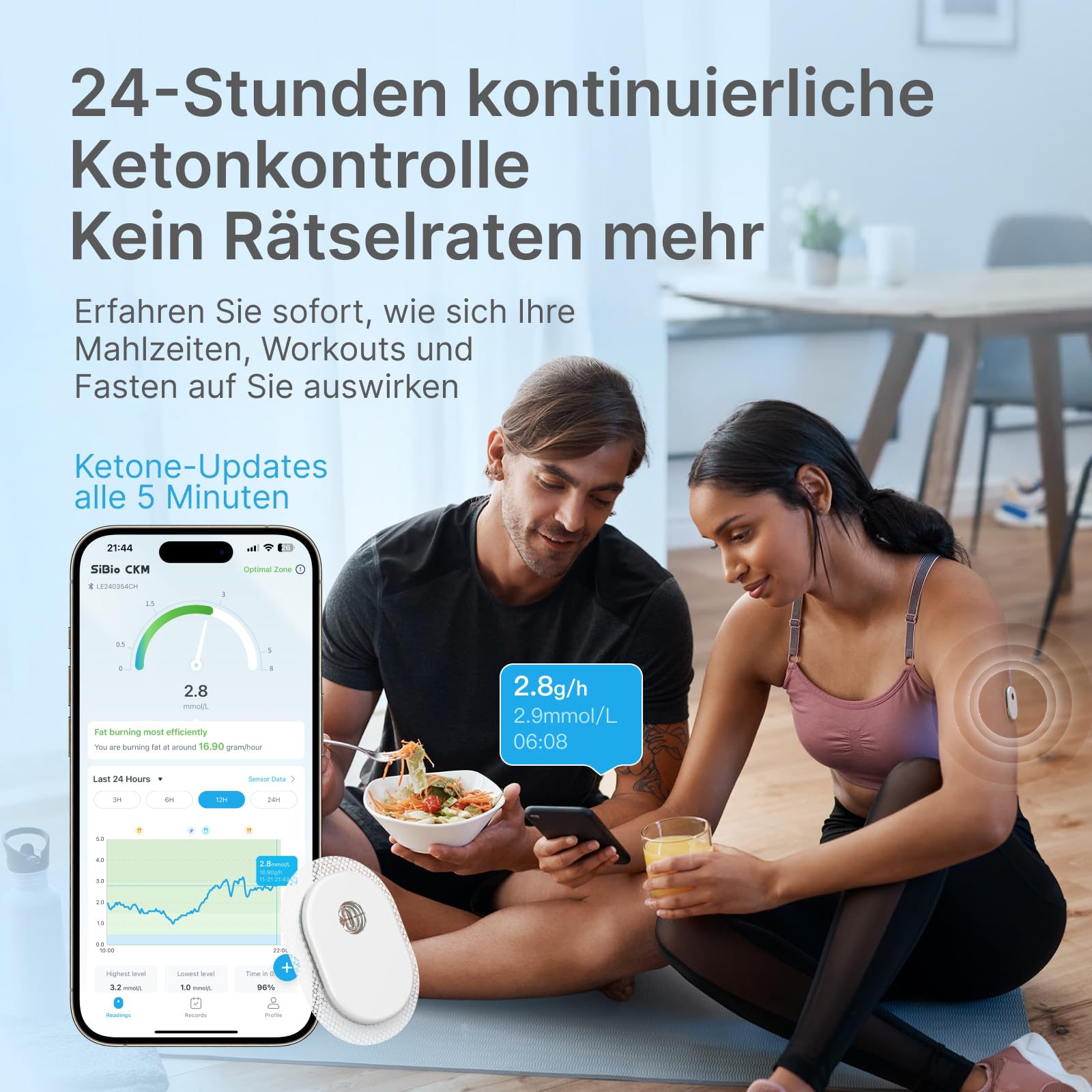SIBIO KS3 Kontinuierlicher Keton-Monitor CKM, 14-Tage-Echtzeit-Keto-Biosensor, 5-Minuten-Daten für die Keto-Diät
