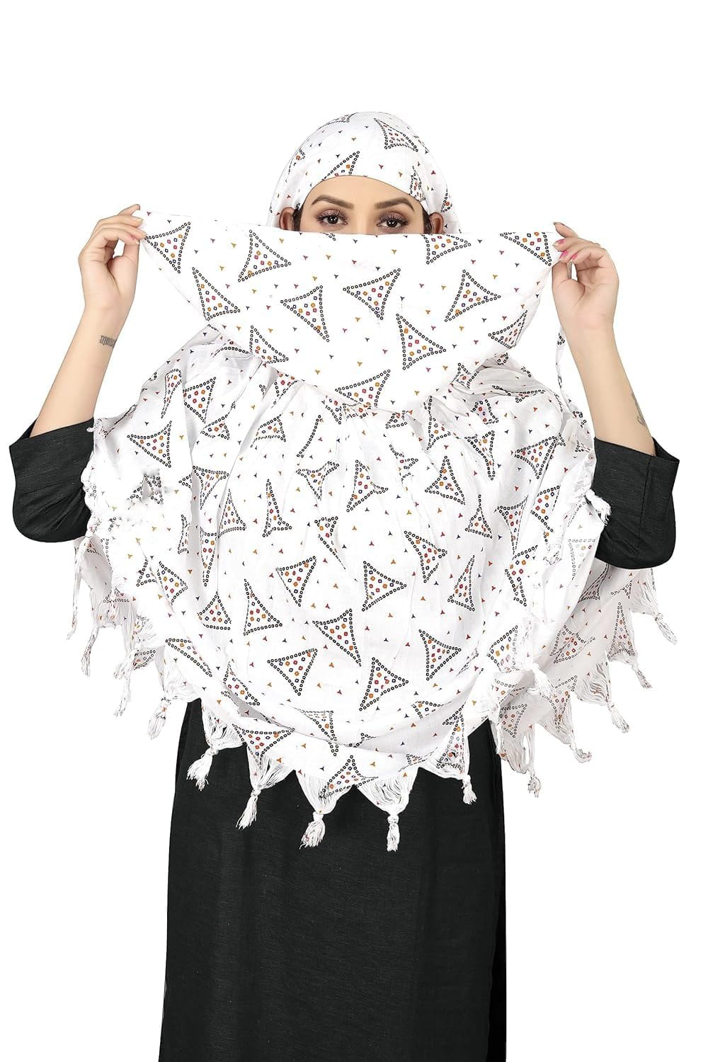 SIXSIGMA® Pure Cotton Long Scarf with Sun UV Protection scarves Usable for vehicle Driver | Breathable Light Weight | Universal Size | White Printed Design | Girl & Women-image-37