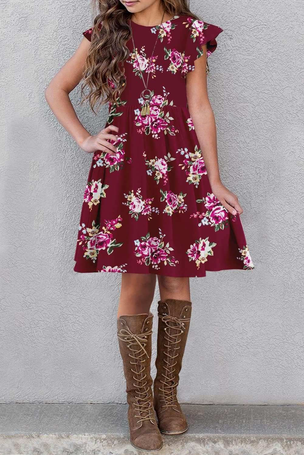 HOSIKA Girls Floral Dress Boho Ruffle Sleeve Pleated Casual Swing Dresses with Pockets for Kids 6-12 Years - Image 4