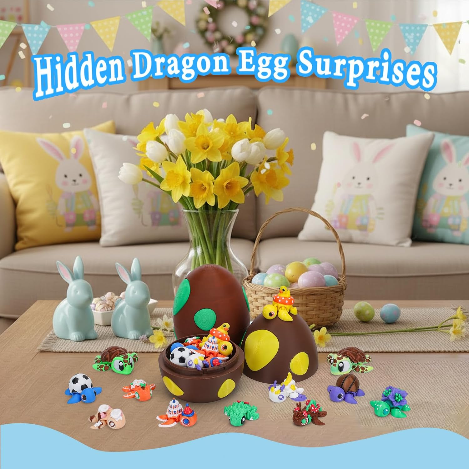 3D Printed Mini Animals with Dragon Eggs Set, 3D Printed Fidget Toys Bulk, Articulated Animals Figurines Adults Desk Decor, Pocket Pet, Easter Basket Stuffers (Sea Turtle)