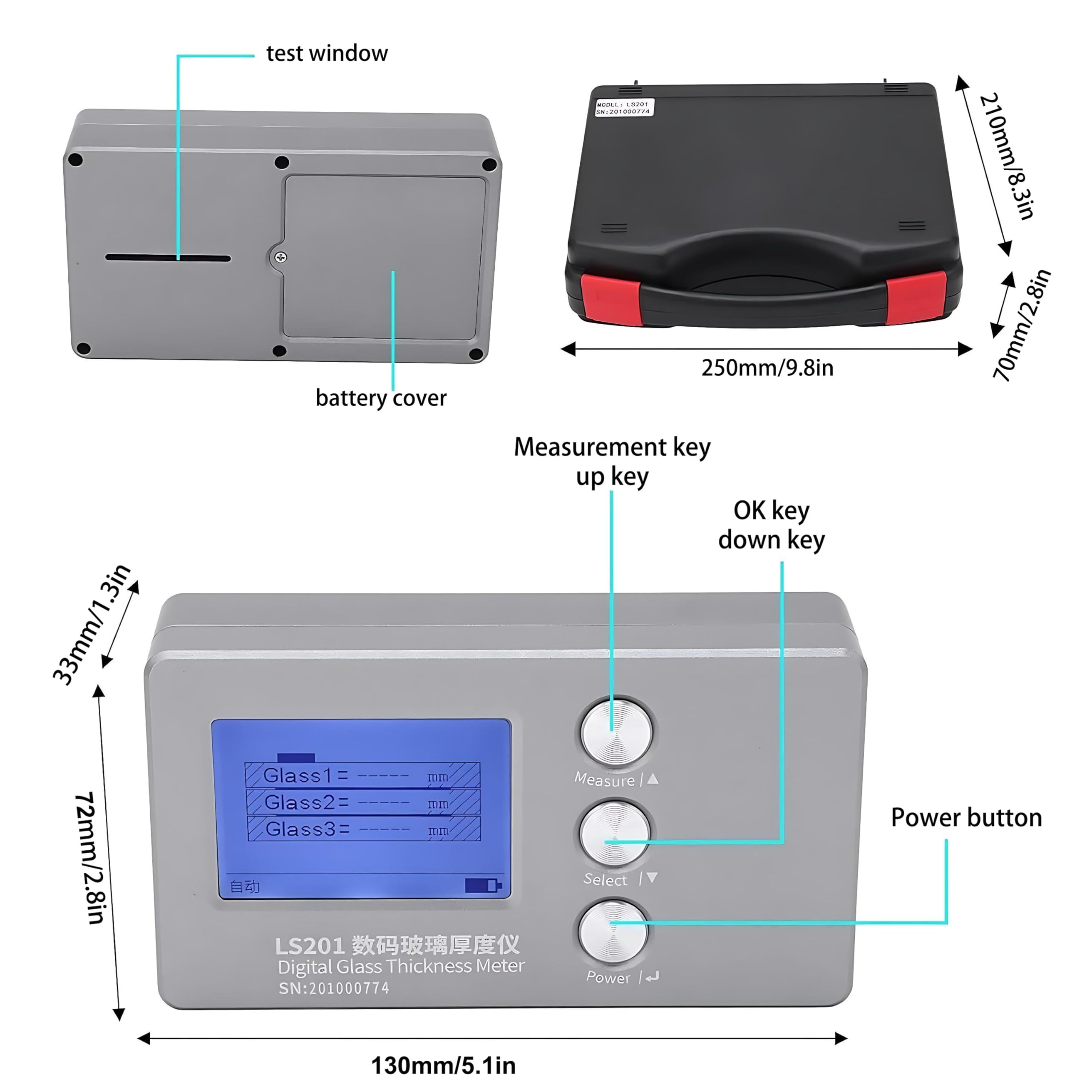 Misuratore Digitale per Doppio/Triplo Vetro, Rileva con Precisione 0,1mm Spessore Cristallo e Distanza d'Aria, Display LCD, Strumento Affidabile per Controlli qualità in Industria Vetraria