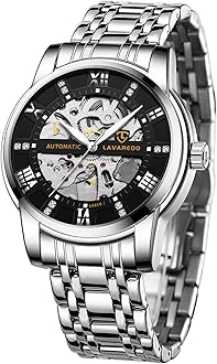 A ALPSMens Watch Skeleton Luxury Mechanical Stainless Steel Waterproof Black Automatic Self-Winding Roman Numerals Diamond Dial Wrist Watch