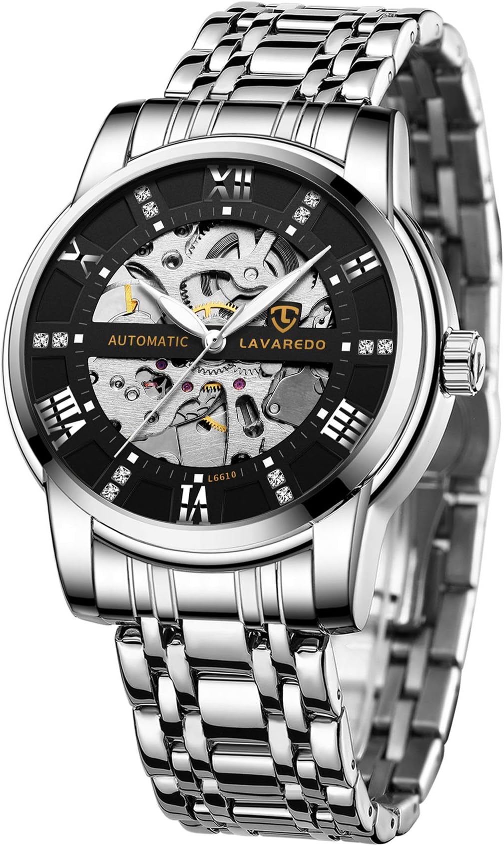 Mens Watch Skeleton Luxury Mechanical Stainless Steel Waterproof Black Automatic Self-Winding Roman Numerals Diamond Dial Wrist Watch