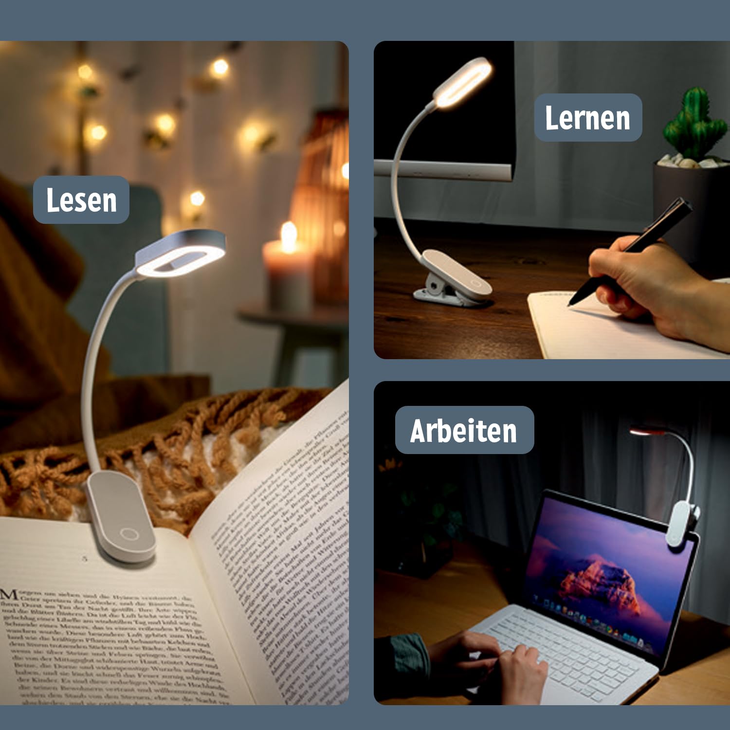 moses. libri_x - Lampada da lettura a morsetto, con funzione touch, con dimmer a 3 livelli