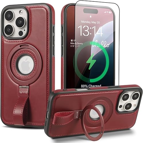 WYE MagCharge Compatible PU Leather iPhone Case, Compatible with MagSafe, Ring Grip Kickstand, Shockproof, Anti-Fingerprint + Free 6D Tempered Glass (Burgundy, iPhone 16 Pro Max)