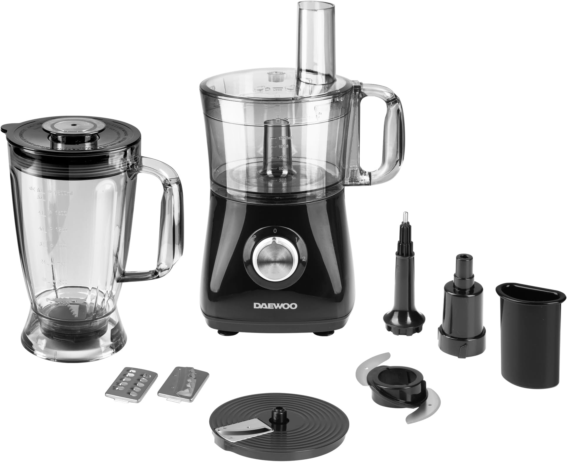 Daewoo SDA2100 750W Plastic Compact Food Processor with 2L Bowl and 1.8L Blender Jug, Stainless Steel Chopping Blades for Slicing and Grating, UK Type G Pulg 220-240v 50hz, Black