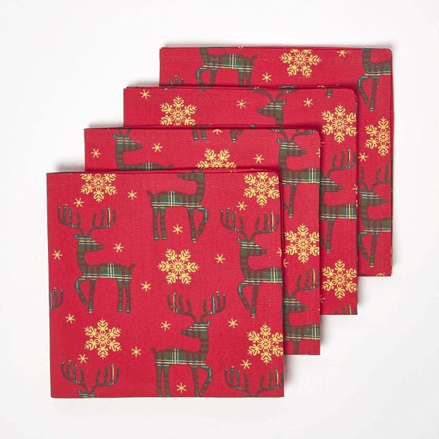 HOMESCAPES Set of 4 Red Napkins Reindeer Pattern 45 x 45 cm 100% Cotton Christmas Red Reindeer Xmas Napkin Set