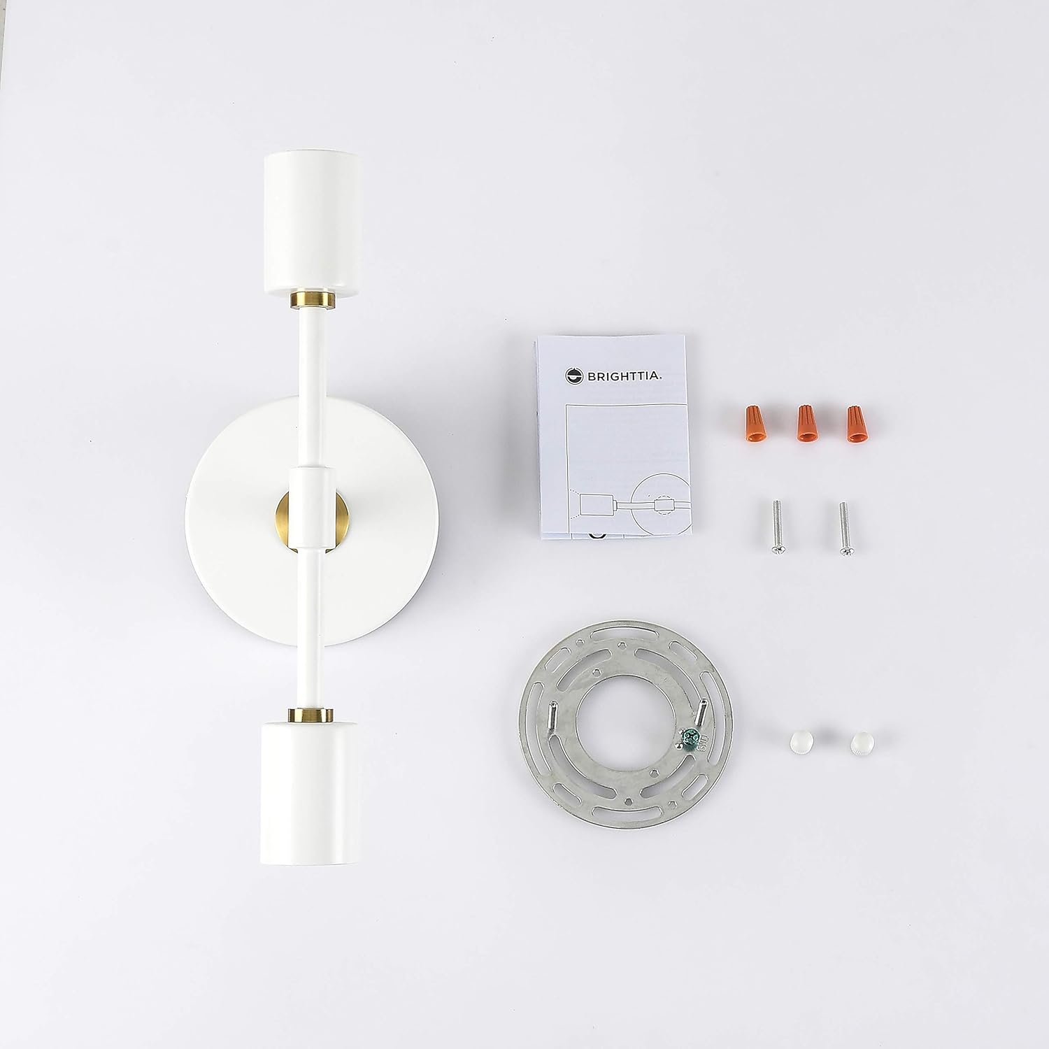 BRIGHTTIA 2 Light Wall Sconce - Modern Minimalist Bathroom Vanity and Hallway Lighting - Mid Century Industrial Exposed Bulb Wall Lamp - Flush Mount Fixture - White/Brushed Gold (BW0023-2WG)