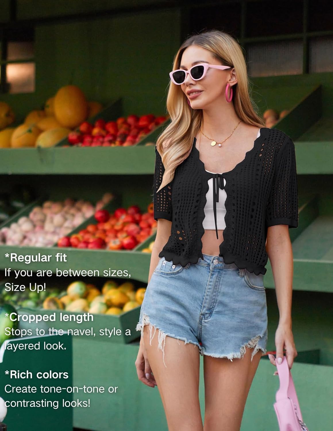 Kate Kasin Women Crochet Shrug Sweater Tie Front Knit Bolero Shrug for Dress Short Sleeve Cropped Cardigan - Image 4