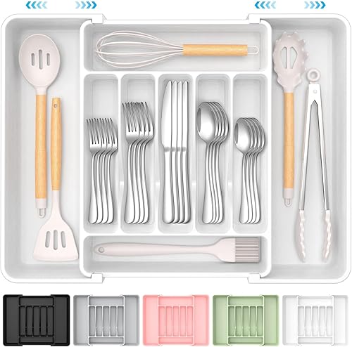 Organizador de cubiertos expandible extragrande, sin BPA, apto para alimentos, organizador de cajones de utensilios de cocina, soporte ajustable