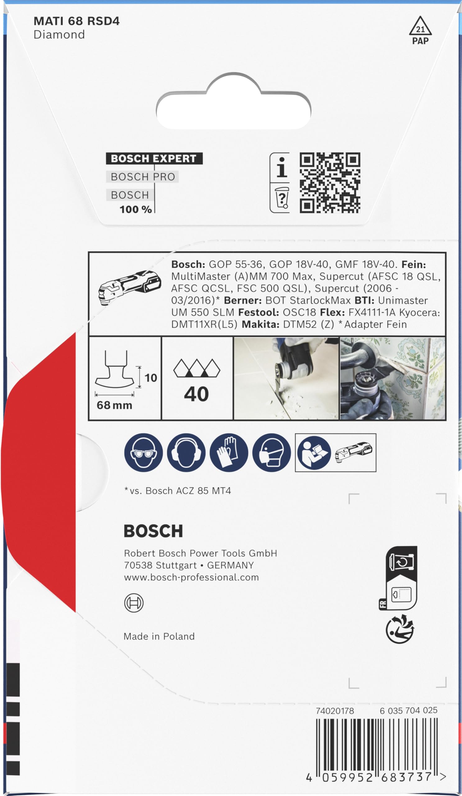 Bosch 1x Brzeszczot do narożników EXPERT MATI 68 RSD4 (do Moździerz, Miękkie płytki ceramiczne, Szerokość mm, Szerokość cięcia 1,6 mm, Professional Akcesoria Narzędzie wielofunkcyjne)
