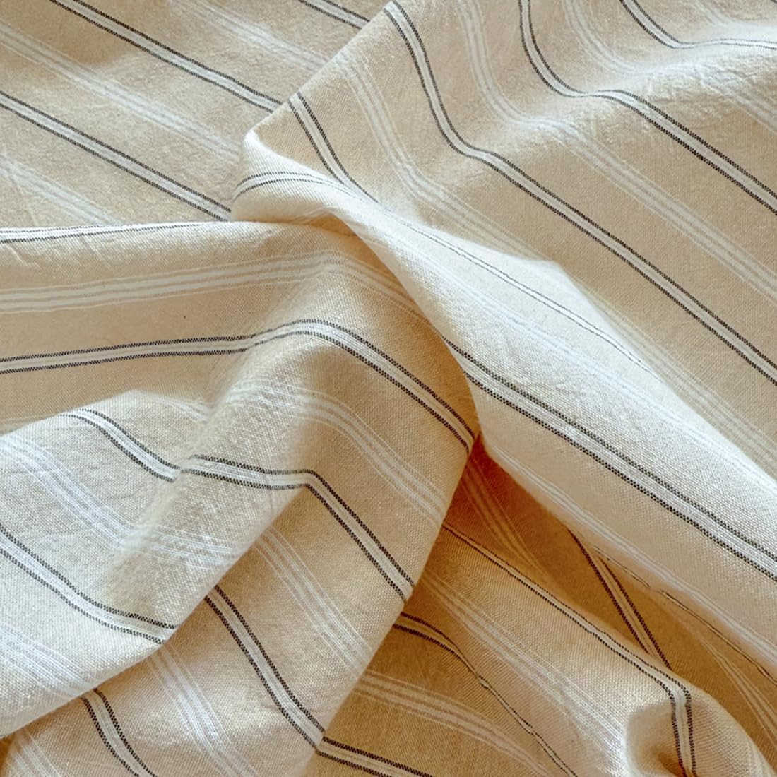 PinkMemory Beige Striped Duvet Cover Set Queen 100% Washed Cotton Beige Wide and Pinstriped Bedding Duvet Cover Set with Streak Pillowcases-Ultra Soft Breathable Zipper Closure Corner Ties - Image 7