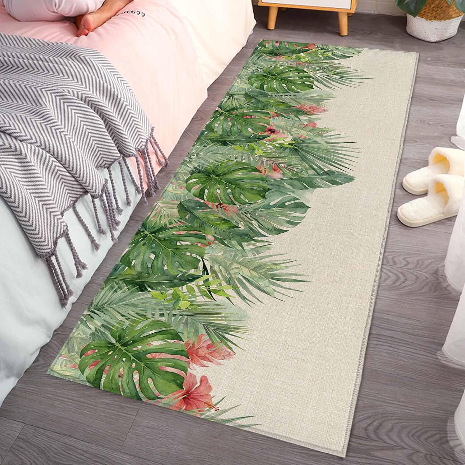 Teamery Kitchen Mats for Floor Watercolor Monstera Leaves Plant Washable Non Slip Kitchen Rugs 1PCS, Tropical Leaf on Burlap Absorbent Standing Mats for Sink Bathroom Office Living Room 15.7x47.2in