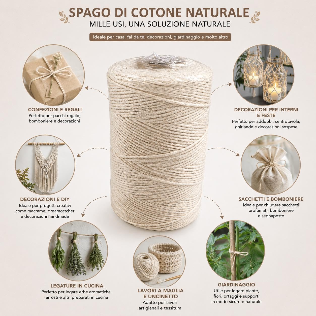 Spago in Cotone Naturale 1mm x 100g Bobina per Cucina Giardinaggio Fai da Te