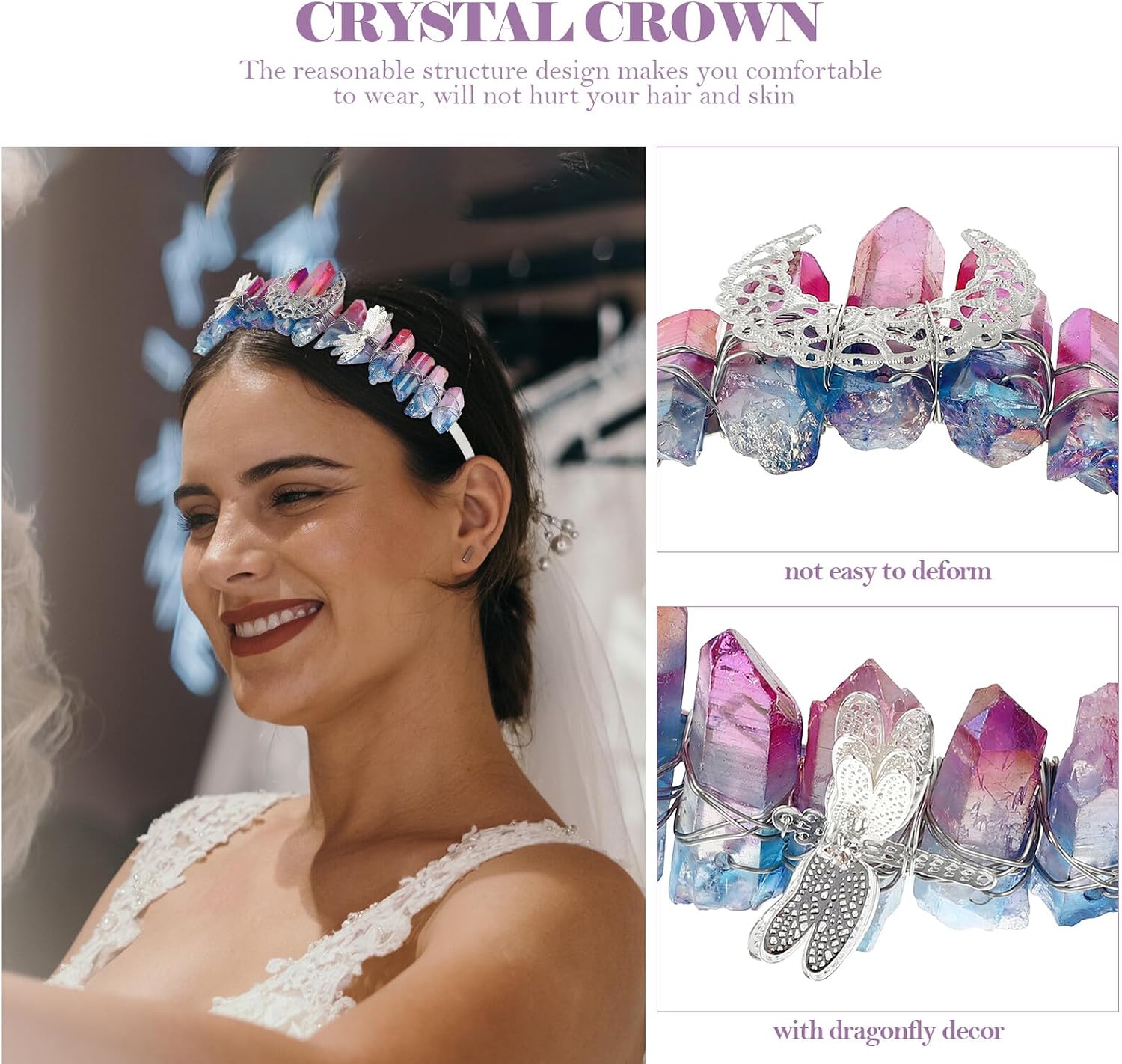 Natural Crystal Dragonfly Crown Tiara Headdress for Brides Women Wedding Hair Accessory Handcrafted Circlet