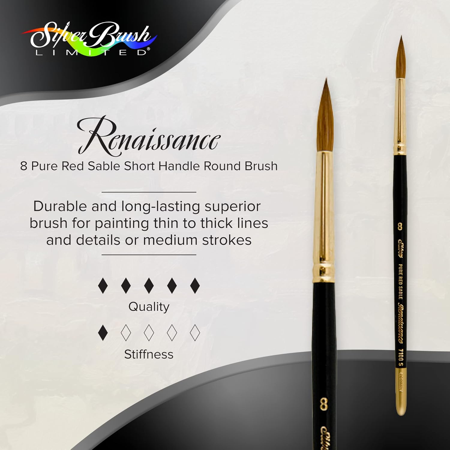 Silver Brush Limited 7100S-8 Renaissance Round Paintbrush for Oil, Watercolor, Gouache, Inks, Dyes, Fluid, & Flow Acrylic, Size 8, Short Handle