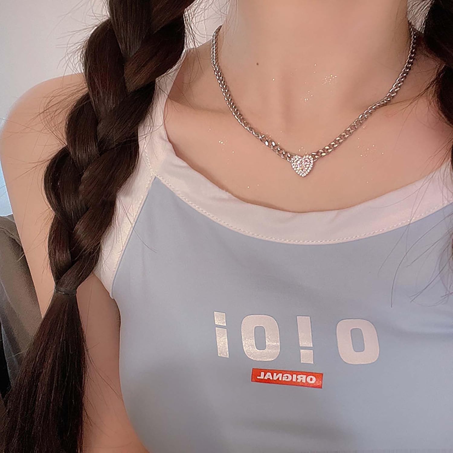 Bohemian Crystal Heart Choker Necklace Paved Cz Heart Pendant Necklace Silver Curb Chain Collar Necklace Rhinestone Heart Chunky Link Chain Necklace Jewelry for Women Gifts - Image 5